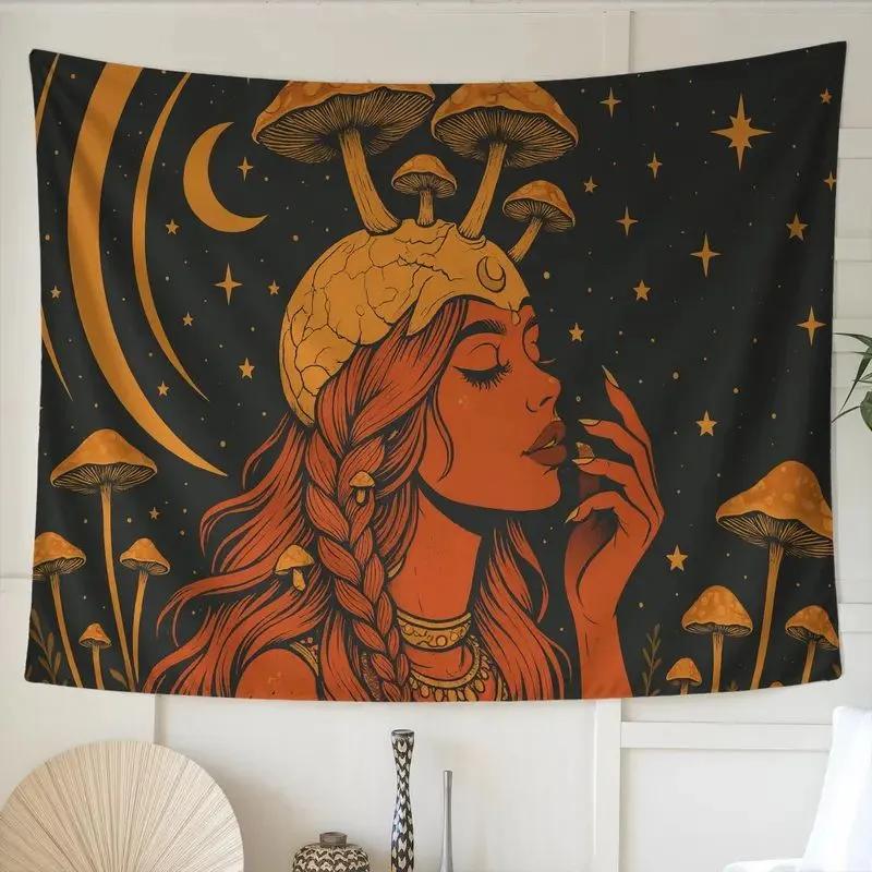 Mystic Mushroom Goddess Tapestry, Celestial Moon Star Wall Hanging for Bedroom Dorm Boho Home Decor 100X70CM