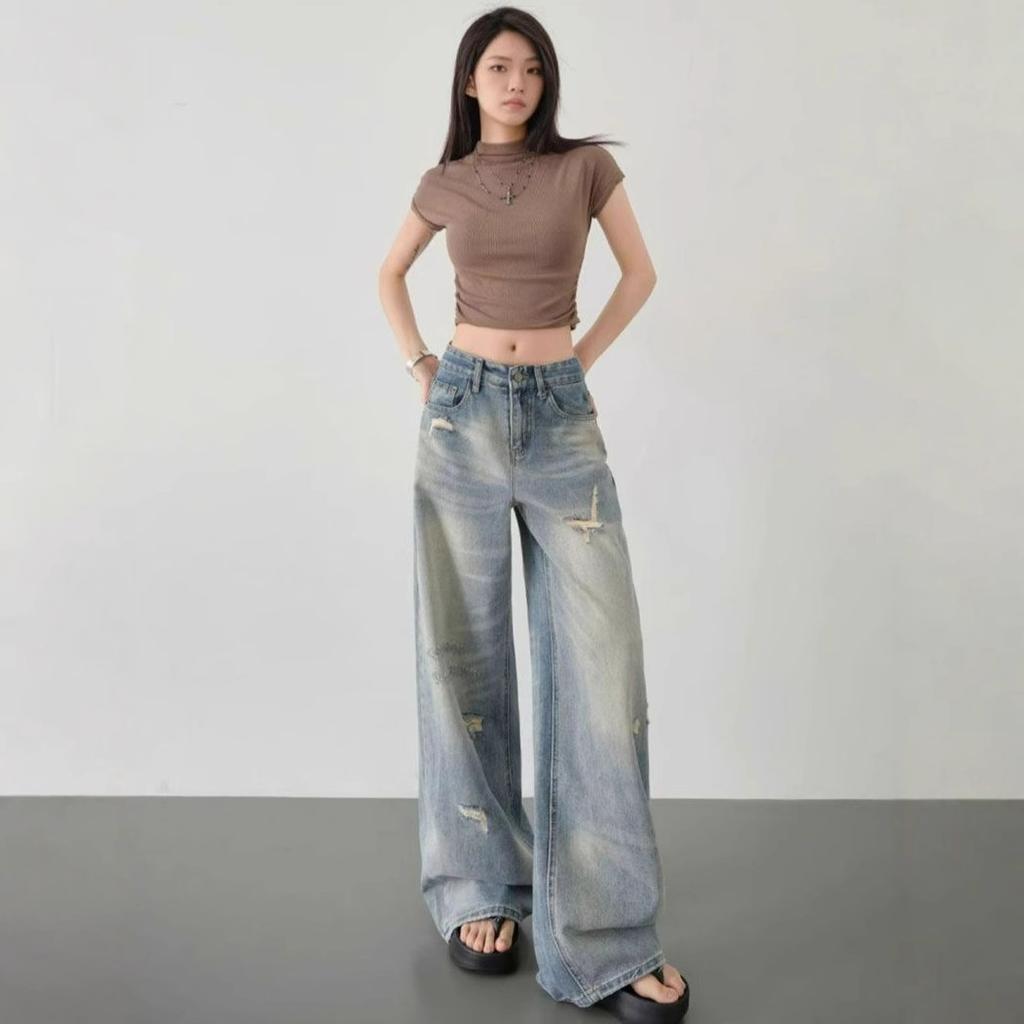 Comfortable High-waisted Broken Holes Jeans Female Annual High Street Small Loose Thin Wide-legged Straight Trousers Jeans for Women Long Denim Pants