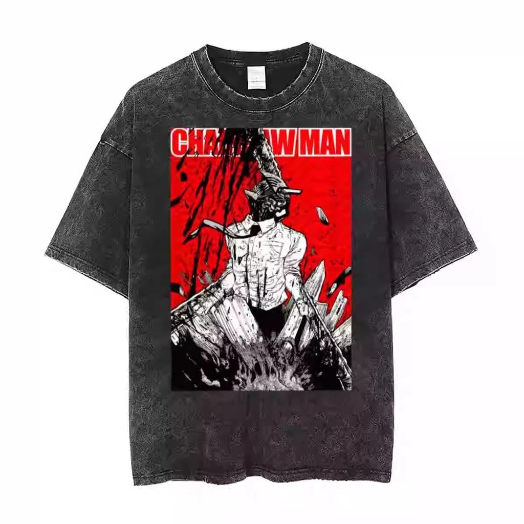 Chainsaw Man Denji & Pochita Chainsaw Devil Form Vintage Washed Oversized Black T-Shirt | Dark Manga Anime Fan Merch Tee