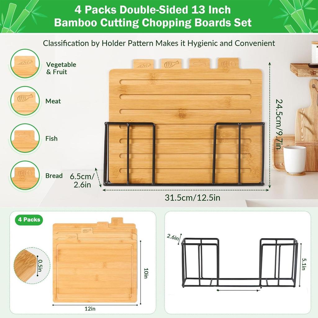 Cutting Boards with Holder Sets for Kitchen Wood Chopping Block for Meat Fish Vegetables Food Chopping Wood Boards Set