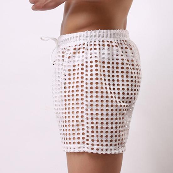 Erotic Men Solid Color Mesh See Through Hollow out Drawstring Shorts Beach Pants
