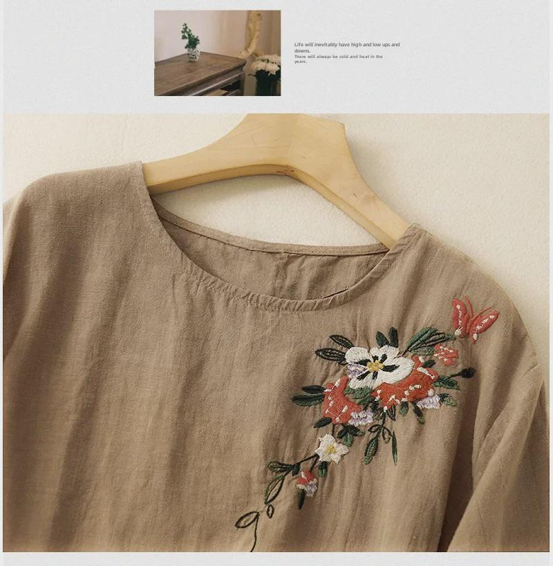 Damski letni etniczny haftowany bawełniano-lniany luźny T-shirt z krótkim rękawem