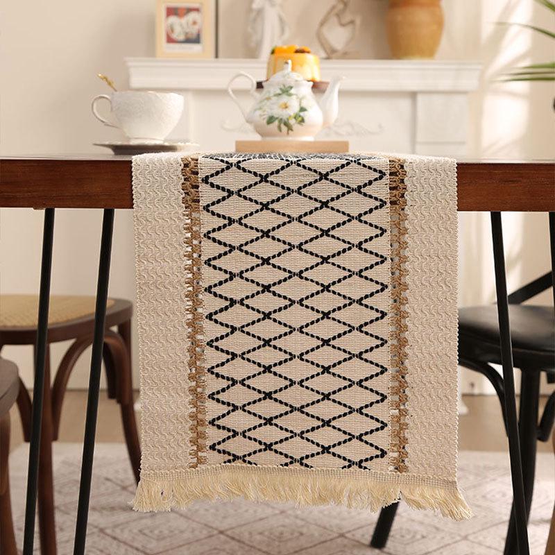 Caminho de mesa com borlas em algodão e linho estilo étnico - Decoração leve e luxuosa para festivais