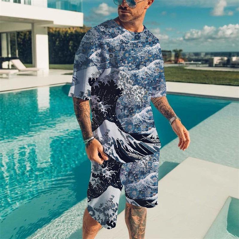 Men's Beach Breathable Short Sleeve 2 Piece Vintage Wave 3D Print T-shirt Set Summer Set Men's Fashion Tops Set Men's Clothing