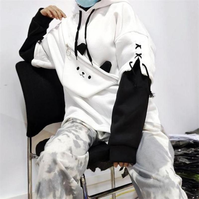 

Зимняя корейская теплая толстовка с капюшоном Ruili Bear аниме, женская толстовка Kawaii с круглым вырезом и длинными рукавами, модная супер уличная толстовка M белый