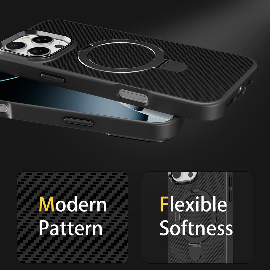 For iPhone 11 12 13 14 15 16 Pro Max Plus Phone Case Magnetic Metal Stand Kevlar Pattern Carbon Fiber Anti Drop Slim Cover