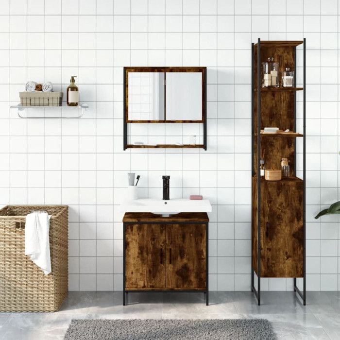 Bathroom Furniture Set - VIDAXL - Smoked Oak - 3 Pieces - Contemporary Design - Spacious Storage