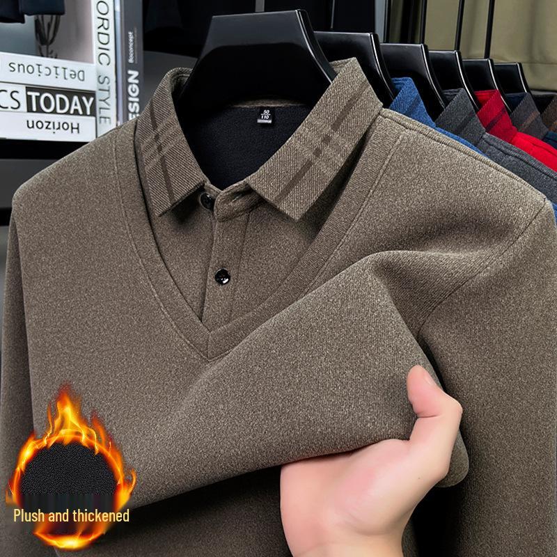 Men's Winter Knit Shirt with Velvet Thickened Layer and Collar