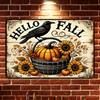 Vintage FallThemed Metal Sign  Hello Fall with Pumpkin  Sunflower Design Rustic Wall Art for Home Bar Cafe Garage