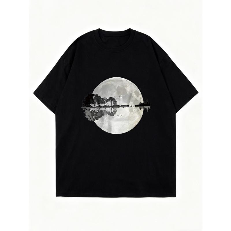 Black Oversized T-Shirt With Full Moon And Lake Reflection Print For Casual Wear