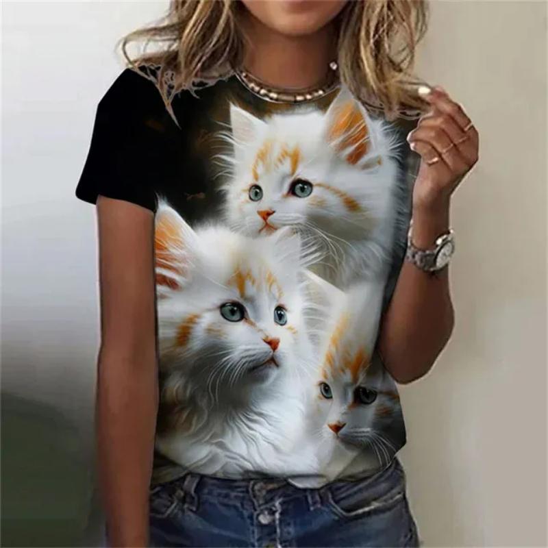 Maglietta da donna alla moda, con stampa 3D, motivo a gatto kawaii, a maniche corte, girocollo, estiva, casual, da strada, semplice