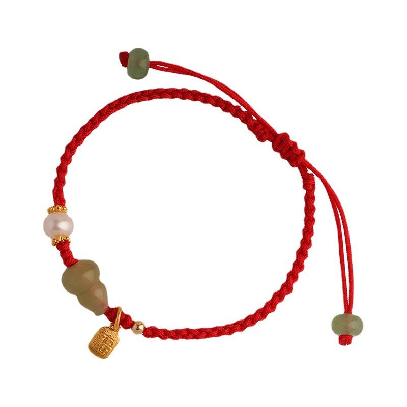 Recommended Jewelry Gourd and Hetian Jade Pearl Fortune Amulet New Zodiac Red String Bracelet Birthday Gift for Women