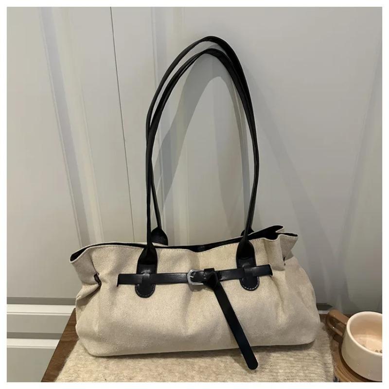 Vintage Belt Design Suede Shoulder Bags for Women Autumn Versatile Ladies Classic Handbags Large Capacity Female Tote Bag