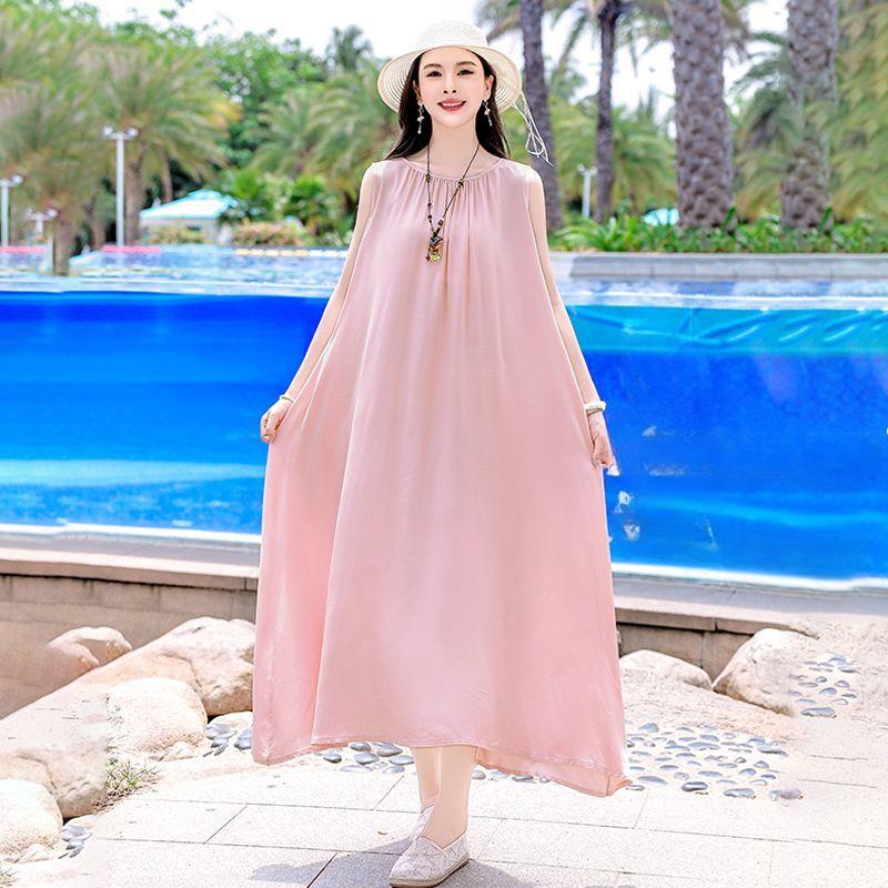 

Хлопковое платье без рукавов Летнее Свободное Большого размера Приталенное Платье-майка Отпуск Длинное платье Элегантное Пляжное 5XL розовый