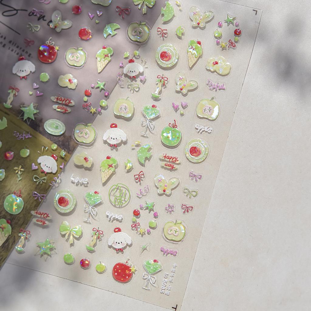 5D Pudding Jelly Dessert Fruit Cherry Pink Claw Print Bowknot Tie Knot Love Heart Stars Nail Art Sticker Adhesive Manicure Decal