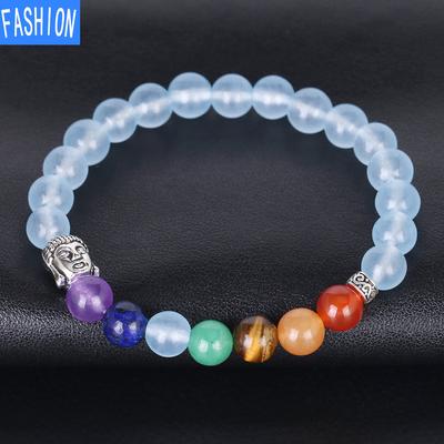 Chakra-Armband, natürlicher Aquamarin-Stein, Kupfer, Buddha-Kopf, Charm-Kristall-Armband, elastisches Armband