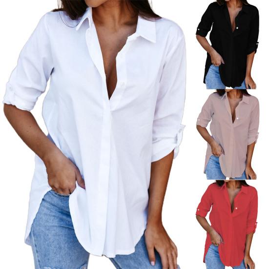 Turn-Down Collar Long Sleeve Women Shirt Buttons Closure Solid Color Loose Shirt Ladies Clothing