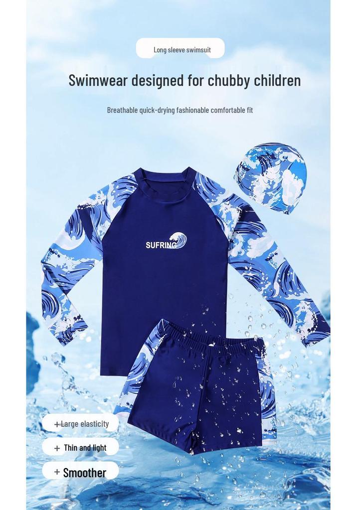 Boys' Long-Sleeved Quick-Dry Swimwear with Sun Protection, Loose Fit, Plus Size for Big Kids