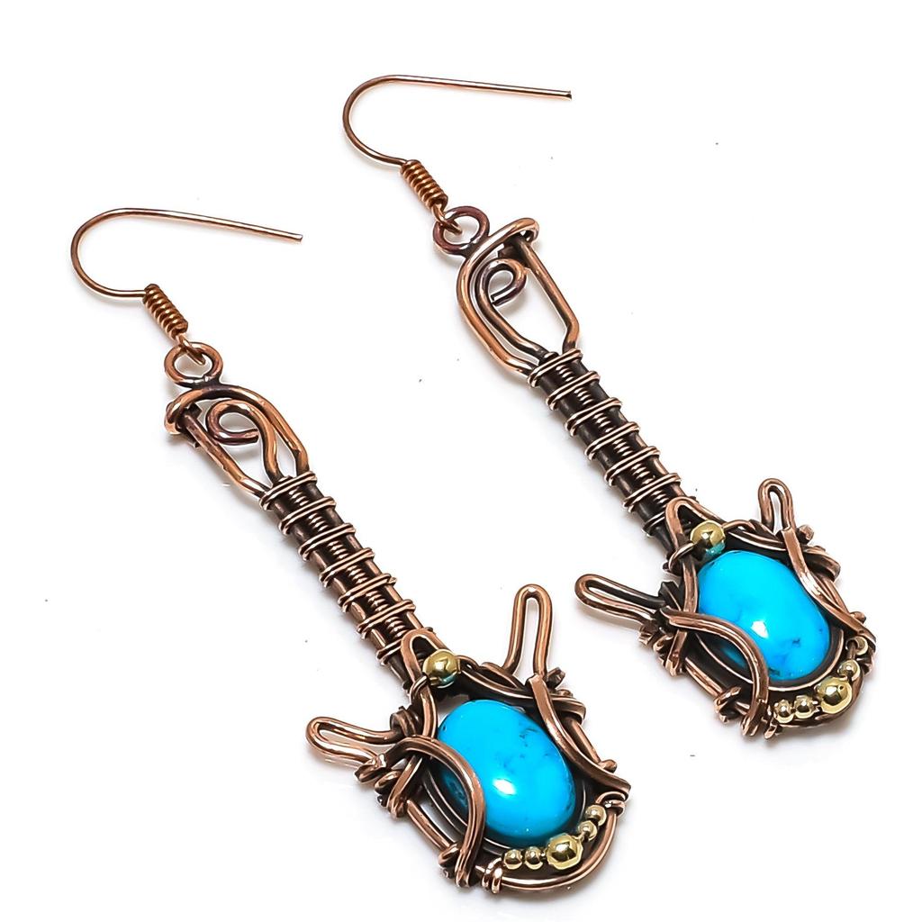 Sleeping Beauty Turquoise Earrings, 999 Copper Wire Wrapped Gemstone Jewelry, Handmade Earrings, For Thanksgiving