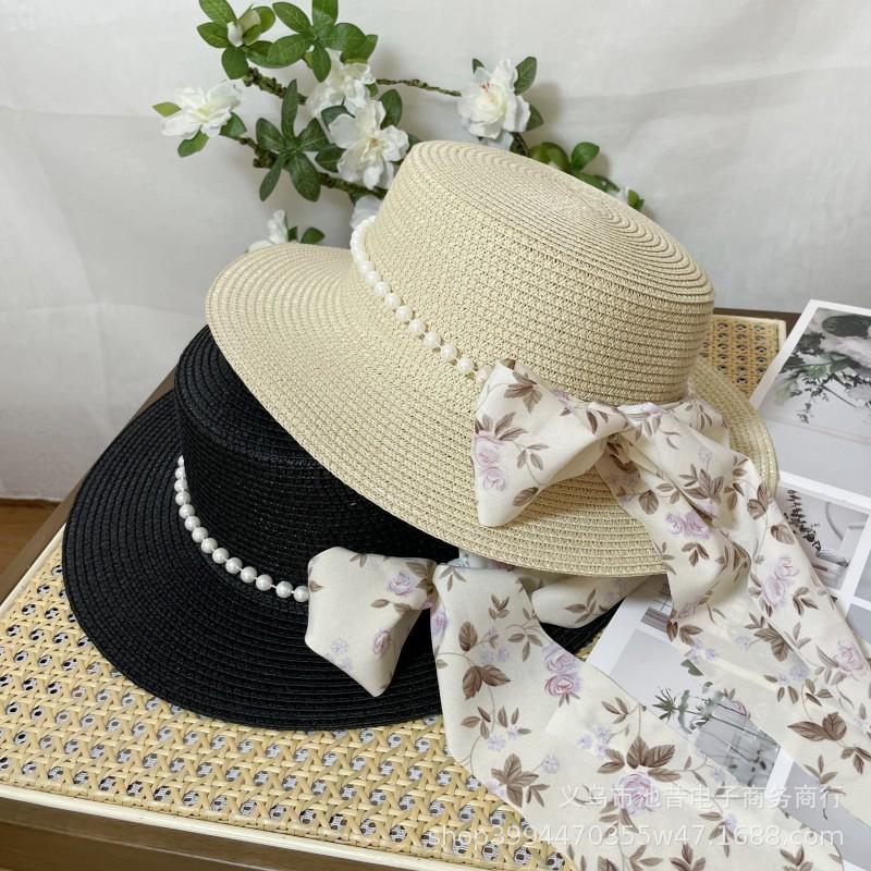 Pearl Bow Floral Strap Straw Hat Women's Summer Travel Beach Sunshade Sun Protection Versatile Flat Top Wide Edge Sun Hat