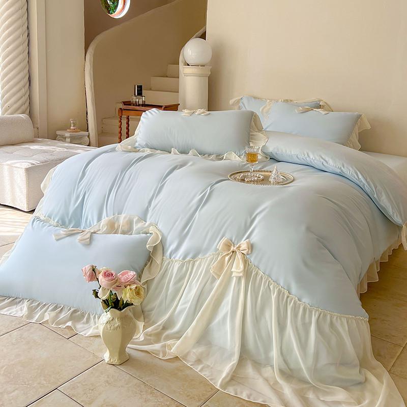 Chic Ruffle Lace Edge Sweet Princess Style Nature Soft Skin Friendly 4pcs Bedding set Bed Sheet Pillowcases Twin Queen King