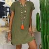 Mode Frauen Lose V-ausschnitt Sommer Solide Kurzarm Baumwolle Und Leinen Kleid