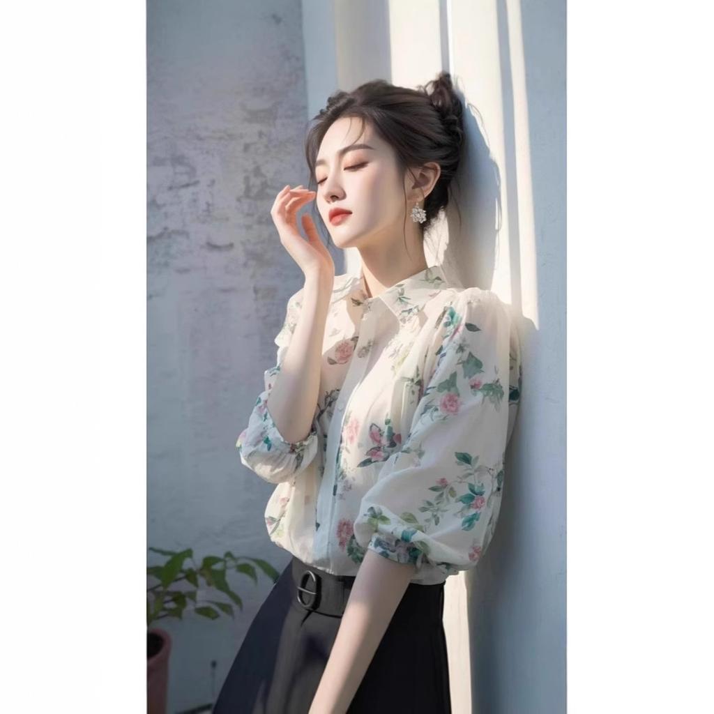 Summer Women's Floral Chiffon Shirt Unique and Beautiful Small Shirt French Style