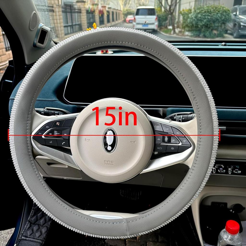 Full Sparkly Rhinestone Car Steering Wheel Cover Universal Leather Steering Wheel Cover Auto Car Styling Interior Decor Accessories (Gray