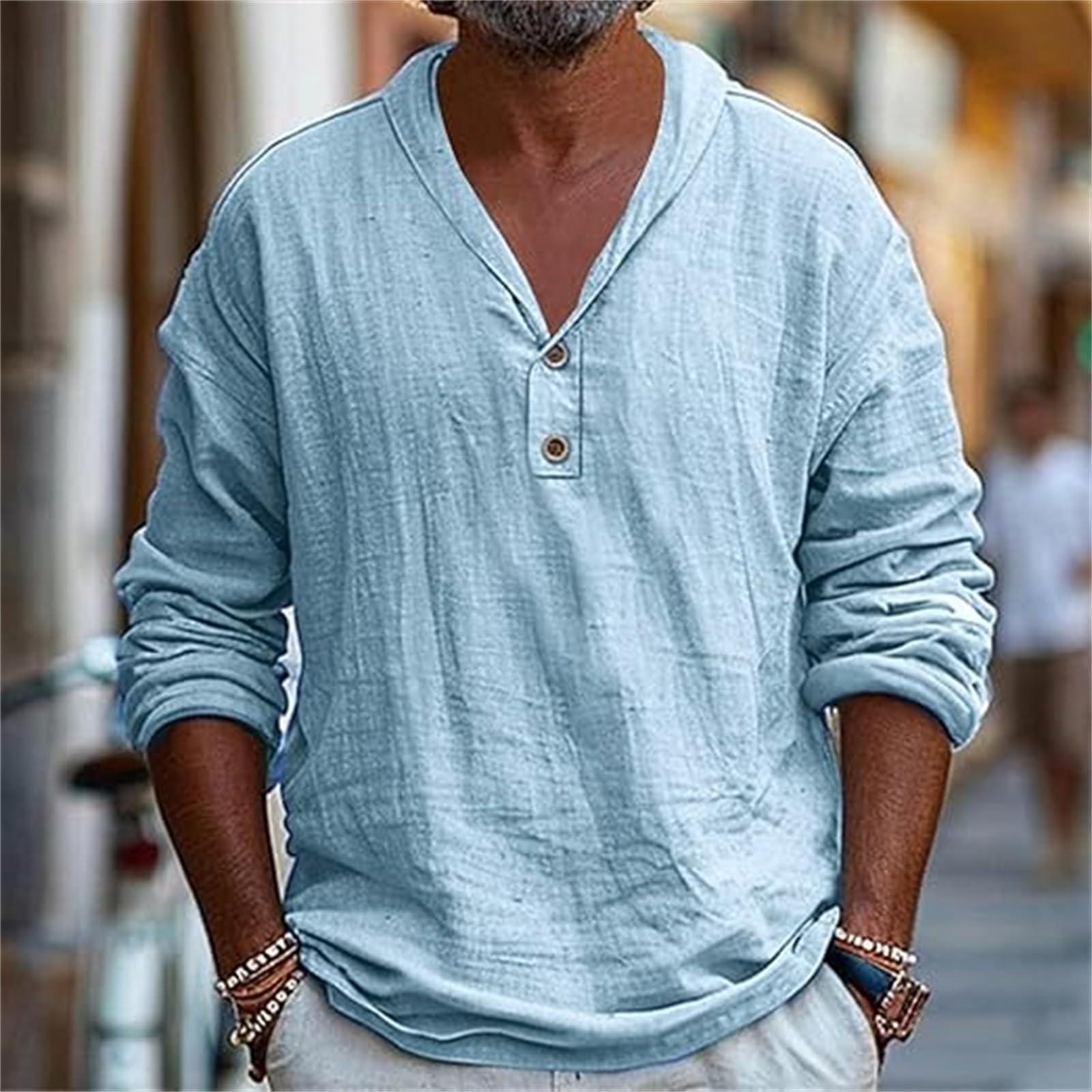 

Мужские рубашки из хлопка и льна с длинным рукавом, повседневные, с застежкой на 1/4 пуговицы, свободного кроя, тянущиеся M