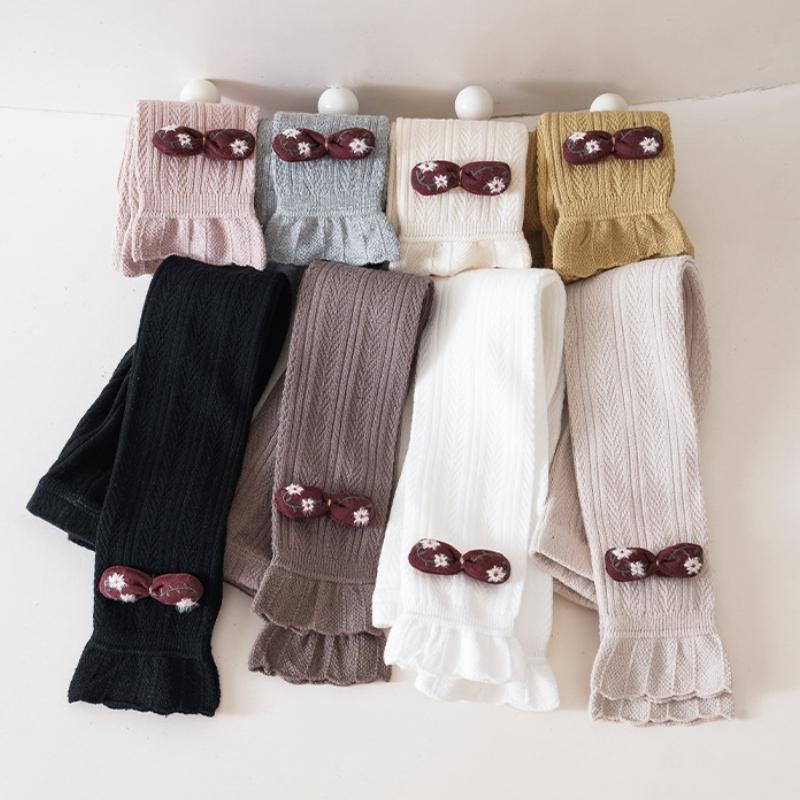 Lovely Baby Girls Trousers Solid Color Cartoon Trousers Knit Side Bowknot Trim Leggings Soft Warm Spring Autumn Cotton Tights