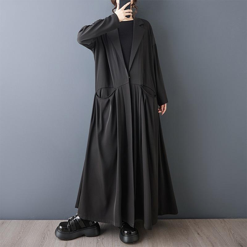 Długi rękaw oversize vintage Czarny casualowy luźny jesienno-wiosenny trencz dla kobiet Odzież wierzchnia