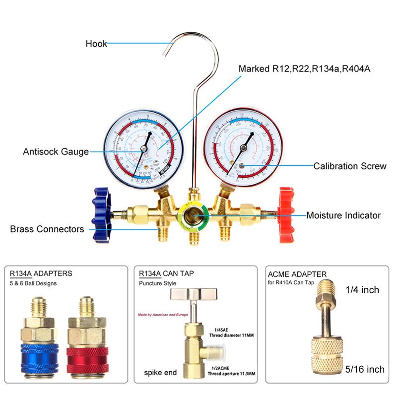 Air Conditioning Pressure Gauge with Hose and Hook 3 Way AC Diagnostic Manifold Gauge Set for Freon For R12 R22 R404A R134a