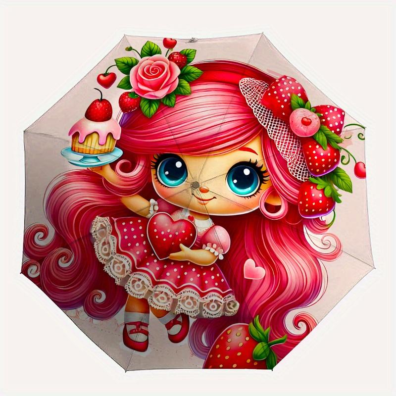 Strawberry Shortcake,Character Automatic Folding Umbrella 8 Ribs Lightweight Design, Durable Iron Frame, Compact and Portable, Ideal Birth