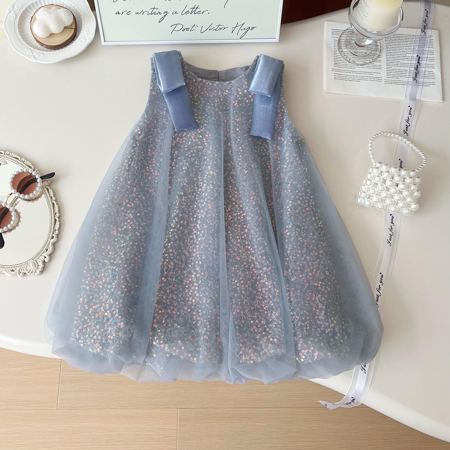 

Летнее платье принцессы для девочек, корейское платье-майка из сетки с пайетками, детское блестящее платье на бретелях 110 серый