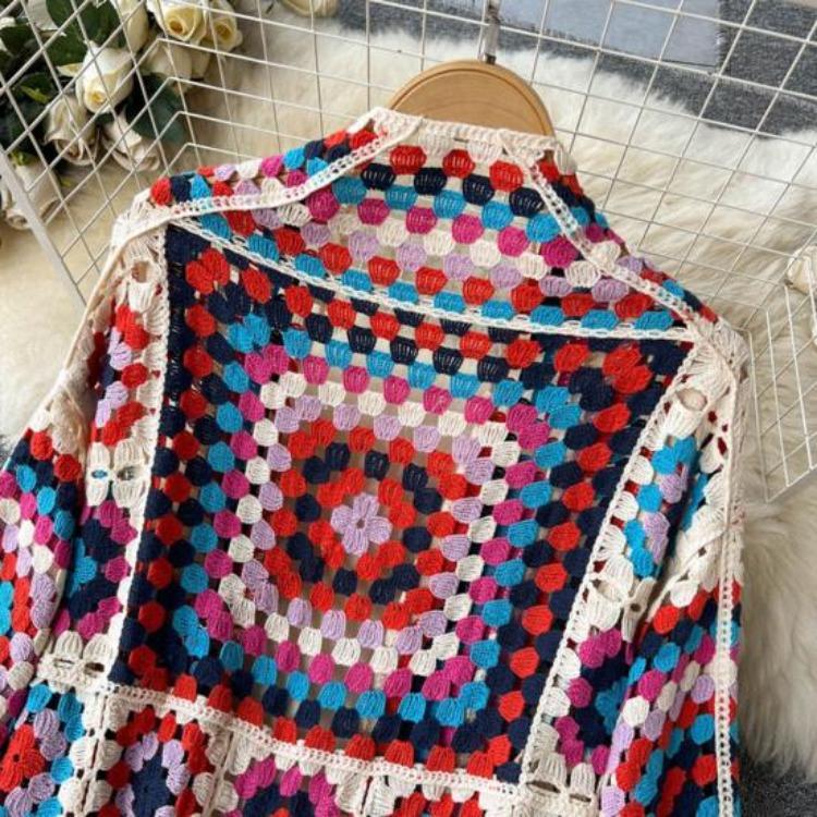 Böhmischer Strickschal Pullover Hohl-Spitzenärmel Häkel-Stickerei Design Lockerer Cardigan Mantel
