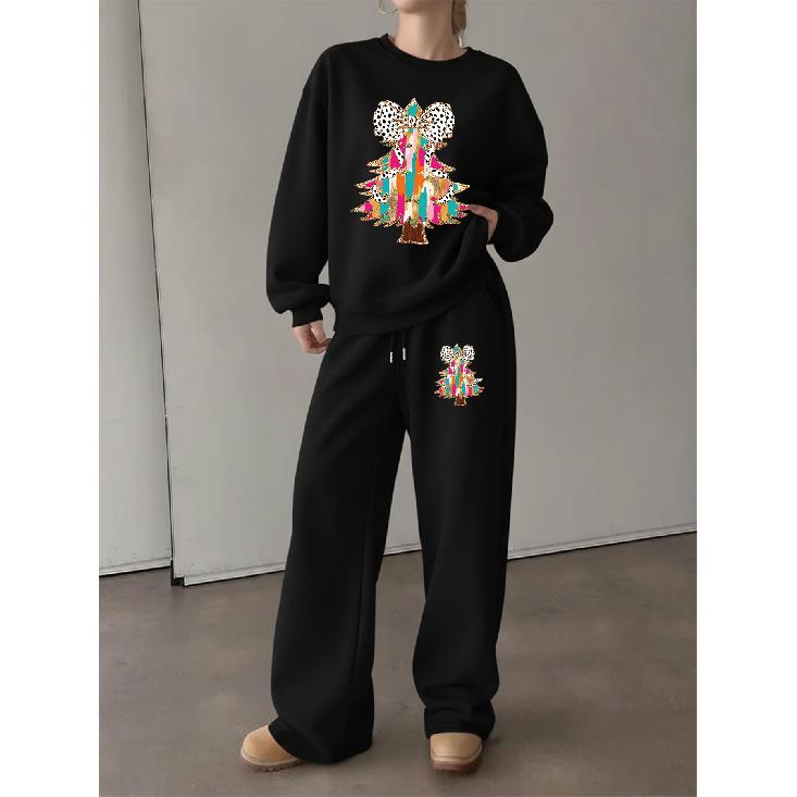 Women's 2-Piece Set: Printed Crewneck Sweatshirt and Drawstring Straight Pants, Autumn/Winter Loungewear