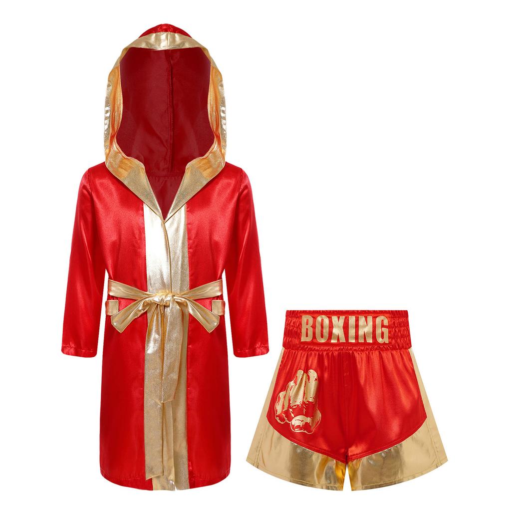 Boys Girls Halloween Carnival Theme Party Boxer Cosplay Costume Boxing Robe Long Sleeve Satin Hooded Cloak with Belt Shorts