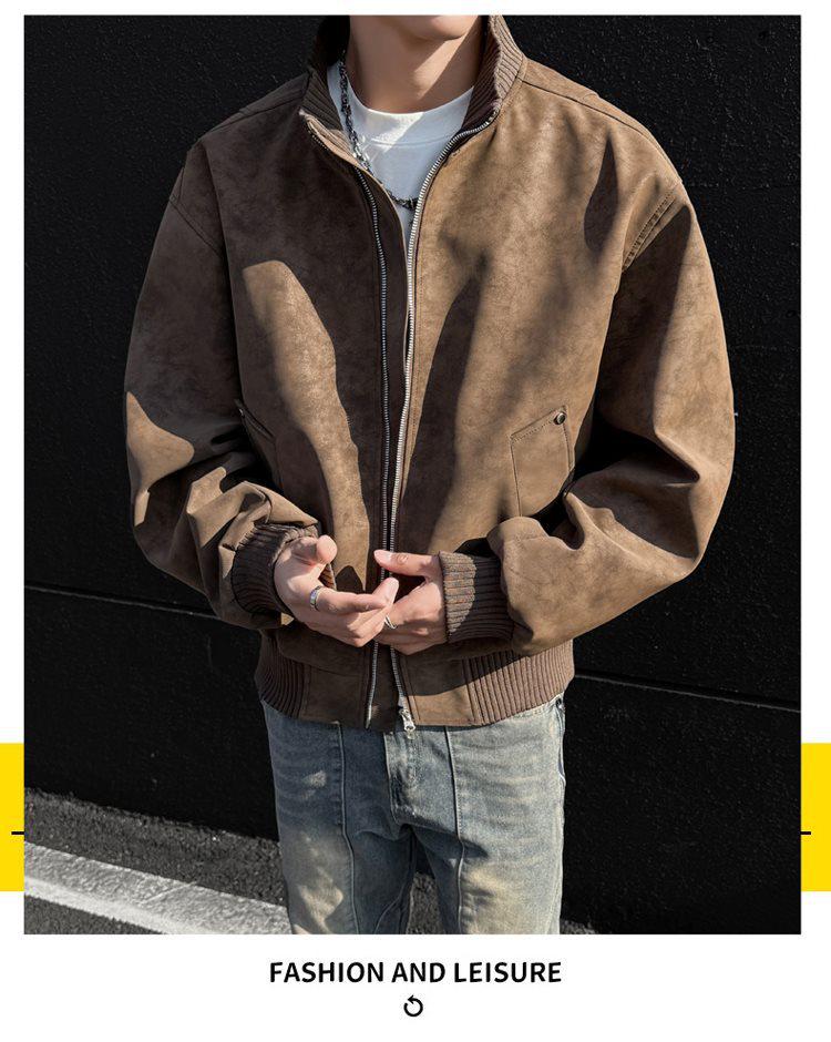 Men's Retro Versatile Stand Collar PU Leather Jacket - Casual and Wear-resistant for Spring and Autumn