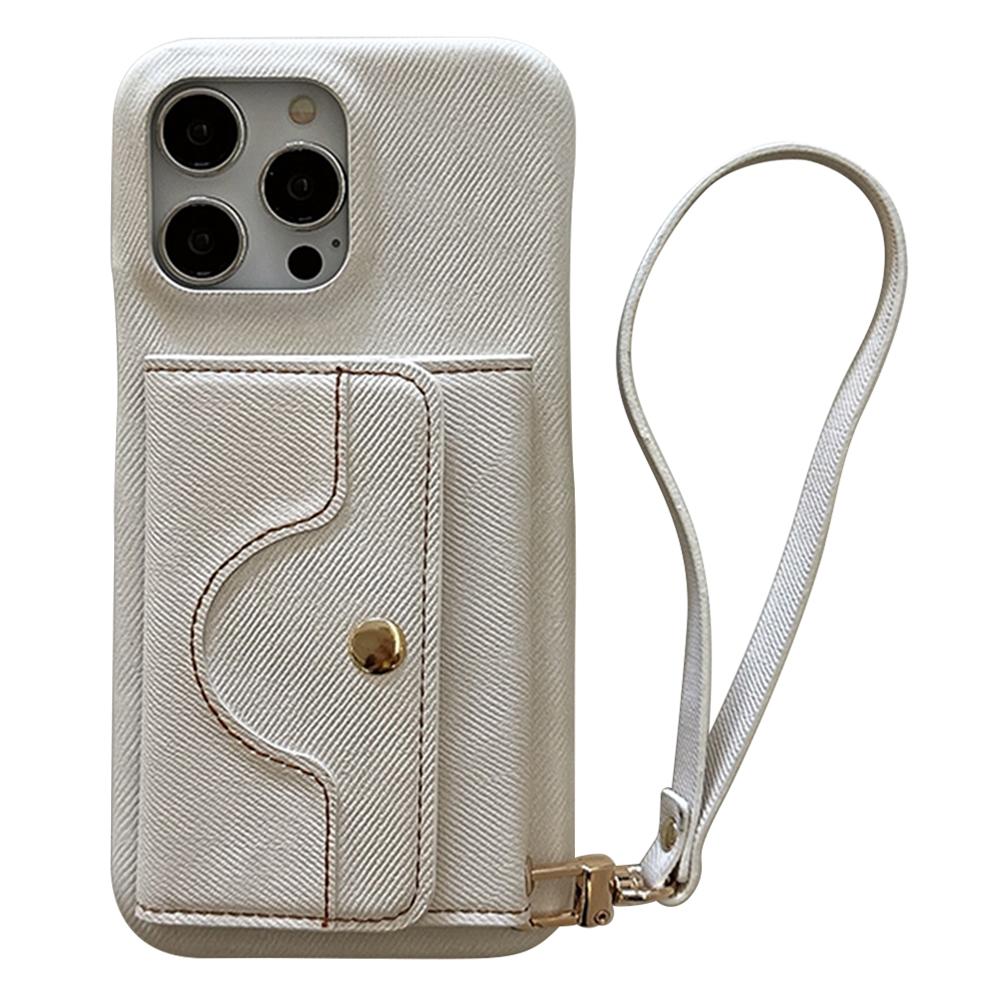 For iPhone 15 Pro Max Case Card Slots Mirror Design Jeans Cloth Texture PU Leather Back Cover with Strap