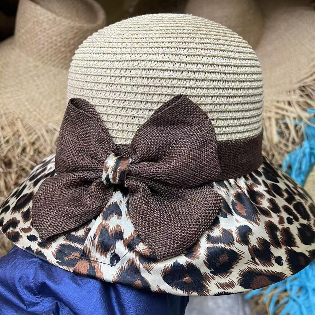 Women's Leopard Print Straw Sun Hat Wide Brim UV Protection Summer Hat with Bow Foldable Breathable Beach Hat