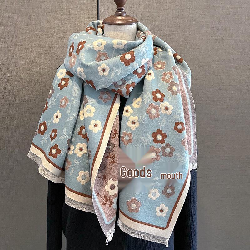 400g Retro Ethnic Bluebird Scarf: Women's Winter Warm Neck Warmer, High-End Imitation Cashmere Shawl.