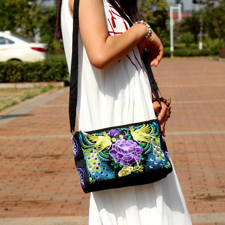 Yunnan Ethnic Embroidered One-Shoulder Crossbody Bag with Three Zippers - Large Size for Ladies