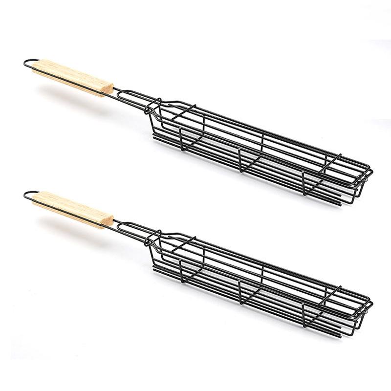 Non-Stick Kabob Grill Basket Carbon Steel with Wood Handles Portable BBQ Grilling Basket Outdoor Roasting Meat Accessories