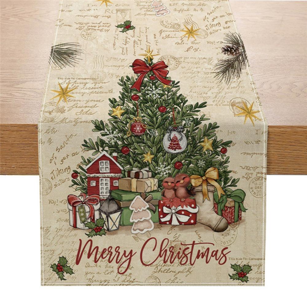 Christmas Table Runner Winter Snowman Santa Print Dining Table Mat for Holiday Decor