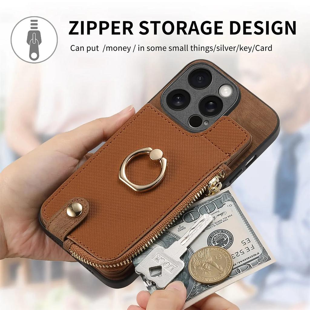 Zipper Vertical Cards Slot Ring Holder Wallet Case For iPhone 15 Pro Max 14 Plus 13 12 11 XS X XR 7 8 SE 2026 Cover Purse Cover