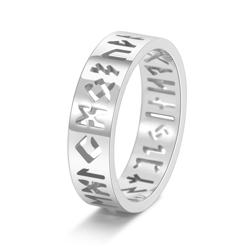 

18K Gold Viking Text Titanium Steel Ring: Nordic-Inspired Hollow Design for Men and Women Size 6 серебряный