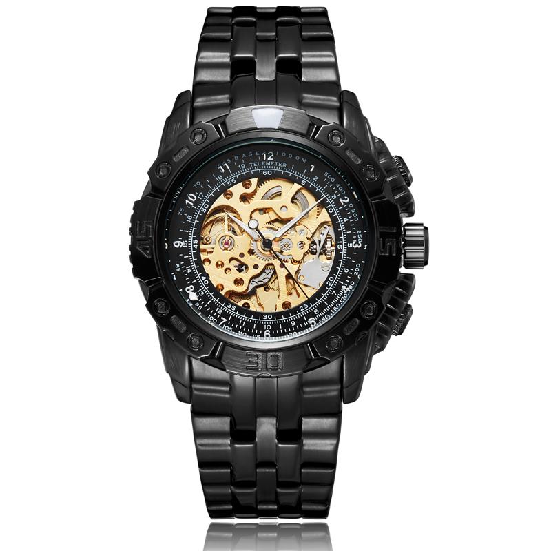 Luxury Silver Gold Automatic Mechanical Watch For Men Full Steel Skeleton Wristwatch Clock Over-sized Big Dial Relogio Masculino