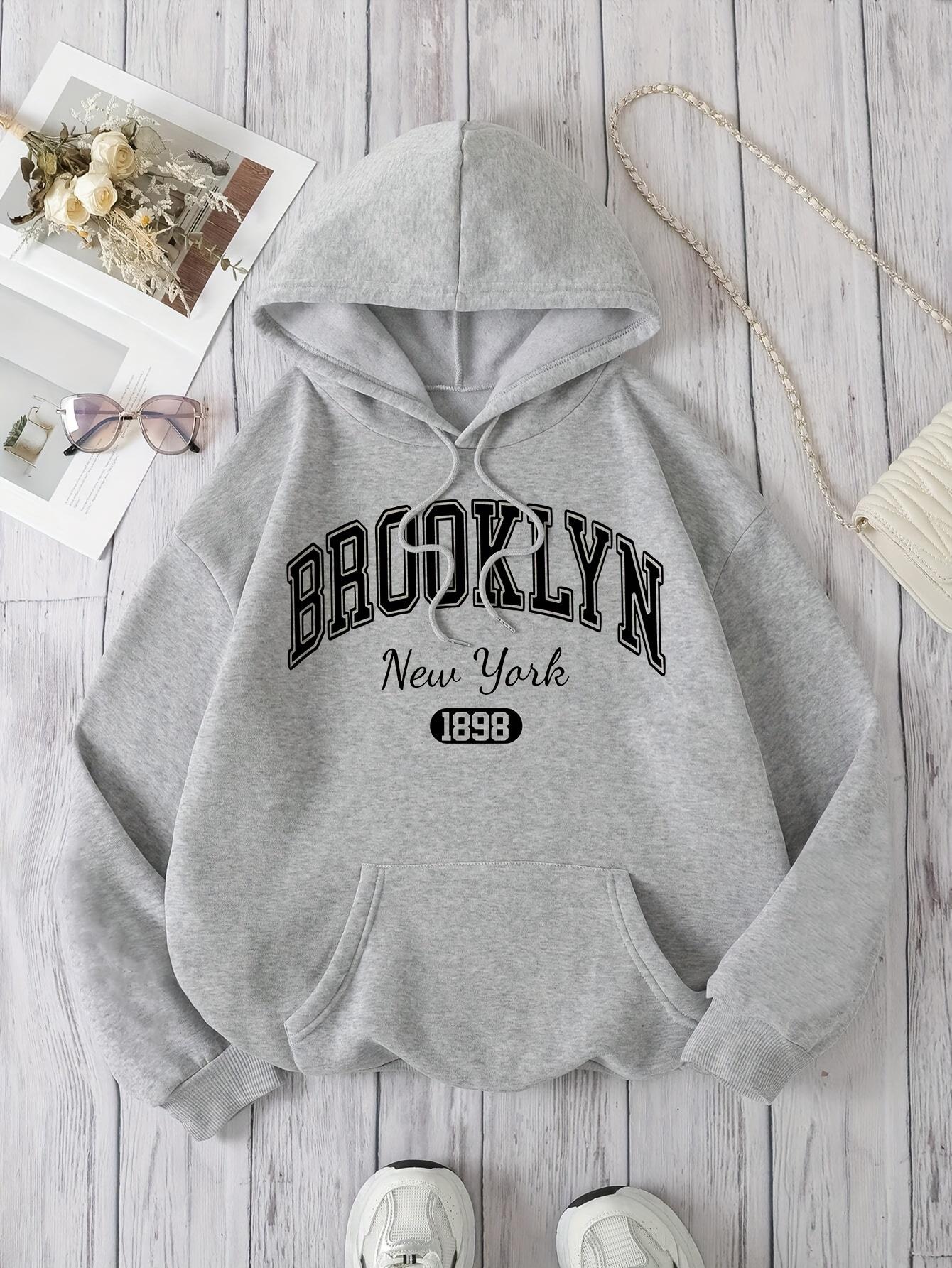 

Brooklyn New York 1898 Hoodie Sweatshirt - Casual Polyester Hooded Pullover with Drawstring Alphabet Pattern 3XL