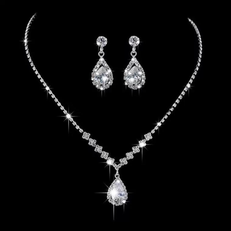 Fashion Simple Water Drop Crystal Rhinestone Necklace Earrings For Women Wedding Dress Accessories Light Luxury Jewelry Sets