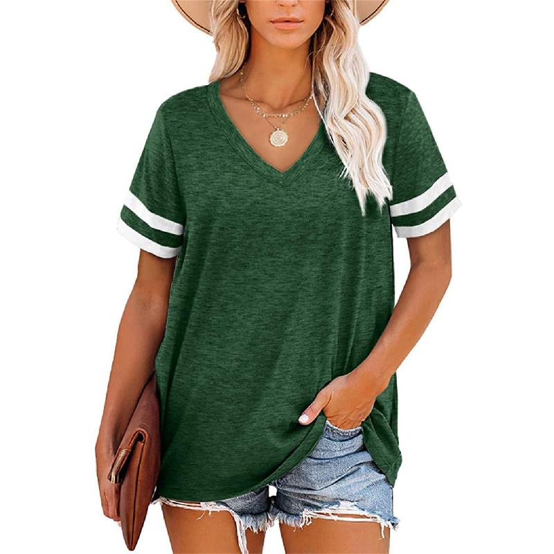 Women's 2026 Summer New V-neck Short-sleeve Color-block T-shirt Loose Casual Top